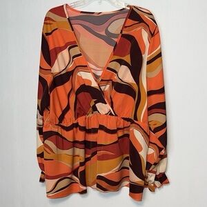 Woman’s Faux Wrap Top Sz 4X Long Sleeve Stretch Waist V-neck Colorful.
